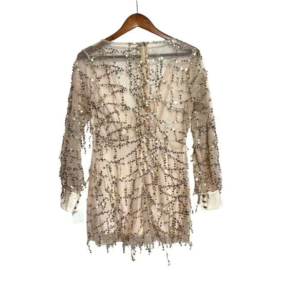 Gold Metallic Flirty Sequined Sheer Mini Romper  Prom Glam Fairy Sexy NWT Sz M - Picture 4 of 16